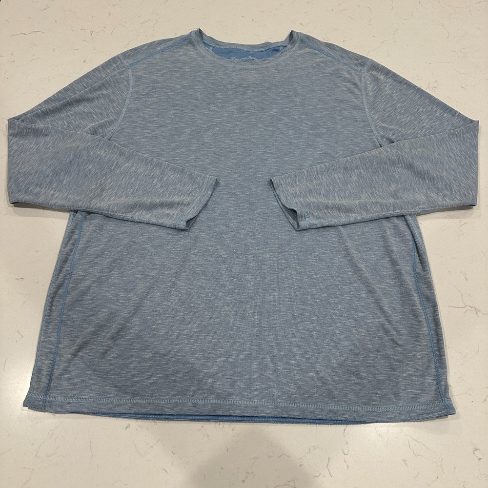 Tommy Bahama Mens XL Long Sleeve Shirt Blue Heather Performance Crew Neck Logo